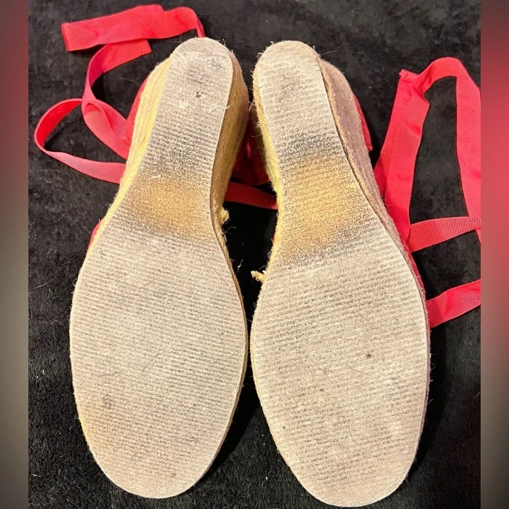Vtg Y2K Liz Cole Red Espadrille Wedge Ballerina Ankle Tie Sandals